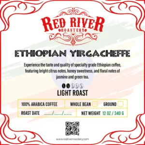 a label for Red River Roastery Ethiopian Yirgacheffe coffee with red and white border