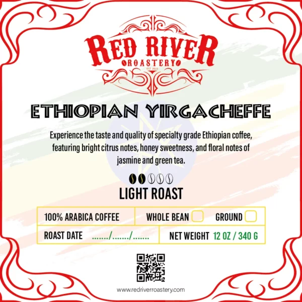 a label for Red River Roastery Ethiopian Yirgacheffe coffee with red and white border