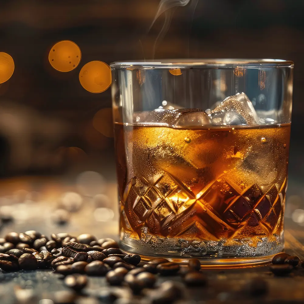 a glass of bourbon with ice and coffee beans